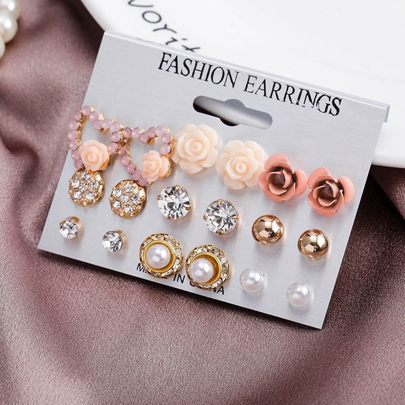 9 Pairs/ Set Crystal Pearl Flower Exquisite Women Stud Earrings Jewelry