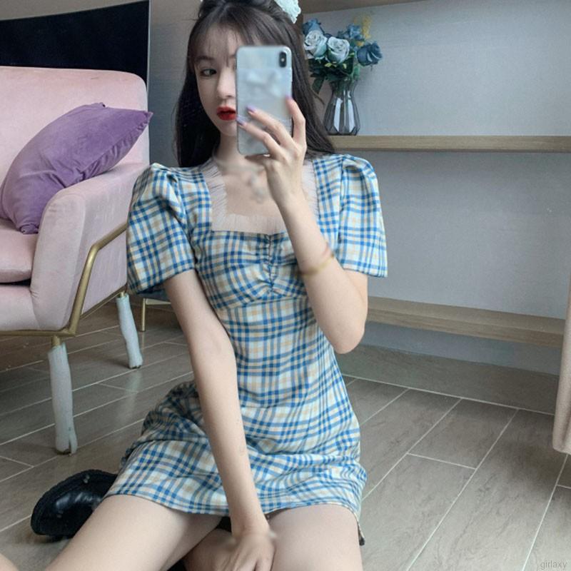 Đầm Tay Ngắn Sọc Ca Rô Thời Trang Cổ Điển Dành Cho Nữ