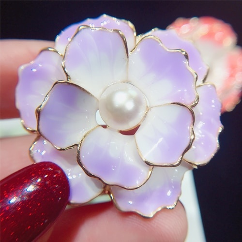 Ghim Cài Áo Hình Hoa Tráng Men Đính Ngọc Trai Tự Nhiên Đơn Giản Cho Nữ