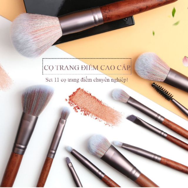 BỘ CỌ TRANG ĐIỂM CÁ NHÂN 11 CÂY KÈM BAO DA- CỌ TRANG ĐIỂM CHUYÊN NGHIỆP -  BỘ CỌ MAKE UP THÂN GỖ SANG TRỌNG