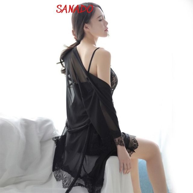 Bộ váy ngủ sexy gợi cảm xuyên thấu Sanado kèm áo choàng ren voan cao cấp, đầm mặc nhà quyến rũ BV01