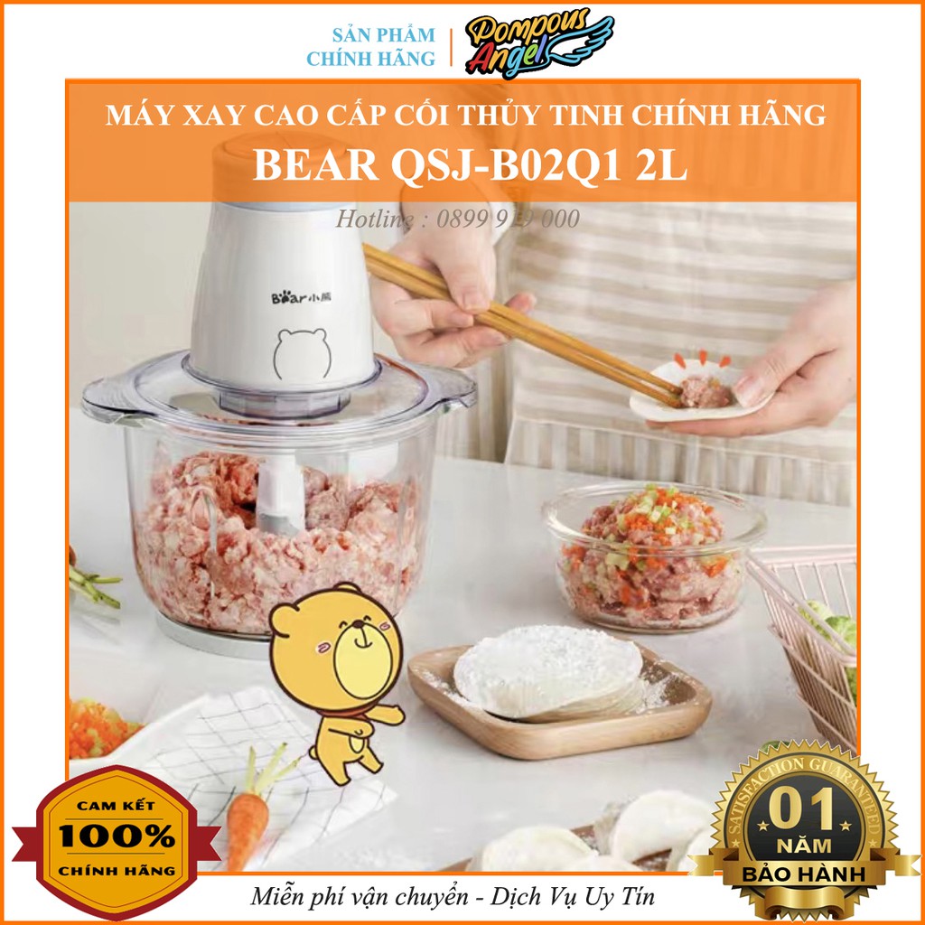 [Chính hãng] Máy xay thịt cá đa năng cầm tay để bàn BEAR 2L 300W cối thủy tinh , 4 lưỡi dao inox 304