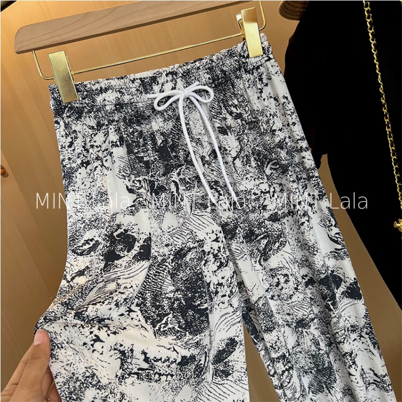 Quần Mặc Nhà Nữ Dài Vải Thun Lạnh Ống Rộng Bo Gấu