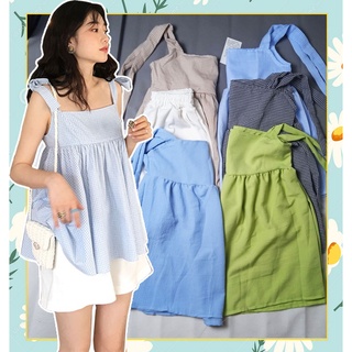SQ002 Set áo hai dây buộc nơ phối quần sooc trắng Ulzzang, áo BabyDoll BBD Hàn Quốc kẻ caro và quần short siêu cute