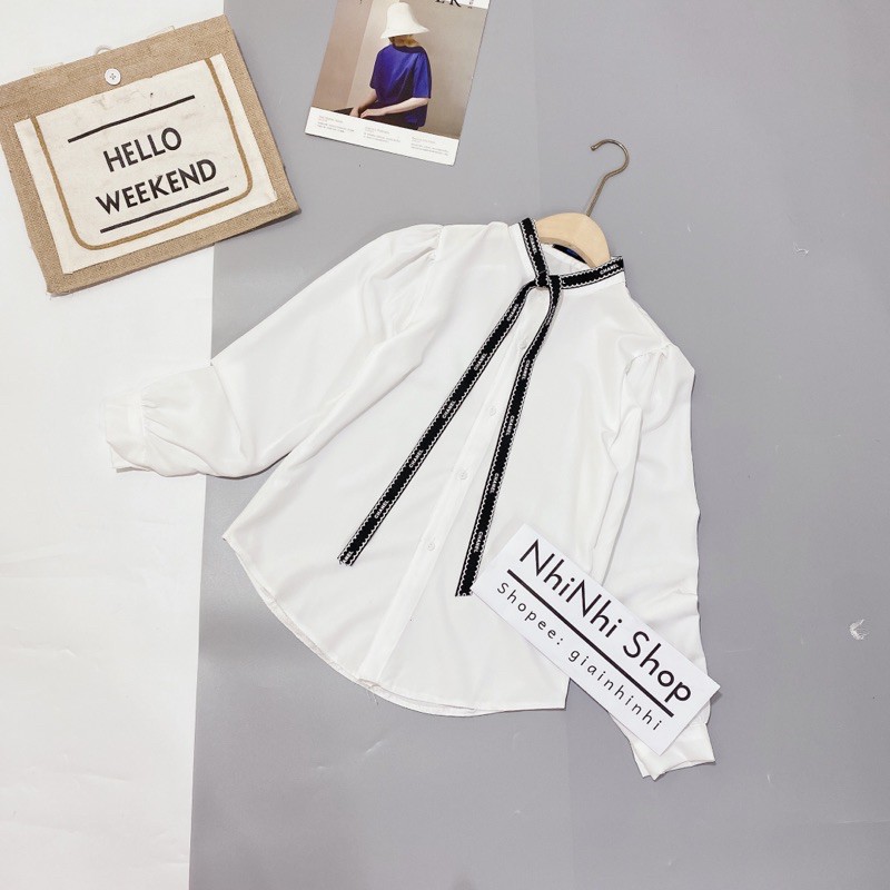 Áo sơ mi trắng cổ viền nơ, Áo sơ mi kiểu dài tay SM1393 - NhiNhi Shop