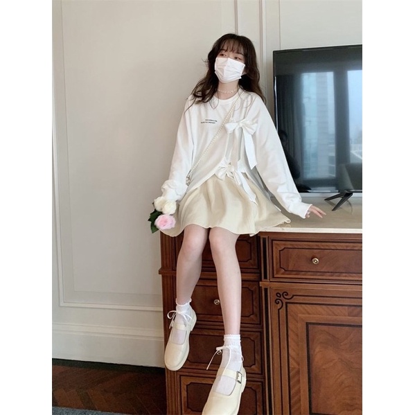 Váy thu đông áo sweater tiểu thư buộc nơ + chân váy cạp chun co giãn