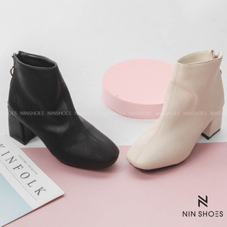 Bốt cao gót 5P NINSHOES gót vuông mũi vuông da lộn lót lông kéo khóa sau