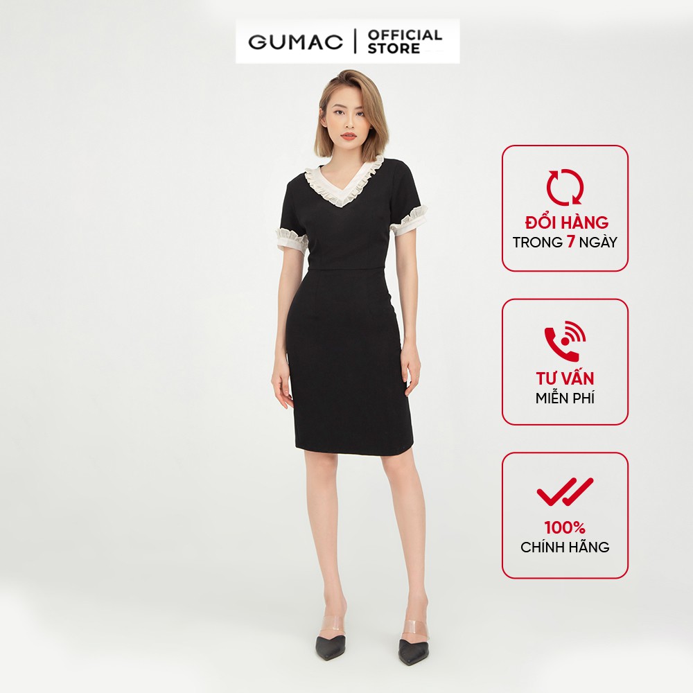 [Mã MABR07062 giảm 8% tối đa 50K đơn từ 249K] Đầm ôm nữ cổ V phối GUMAC quyến rũ màu đen DB5128 | BigBuy360 - bigbuy360.vn