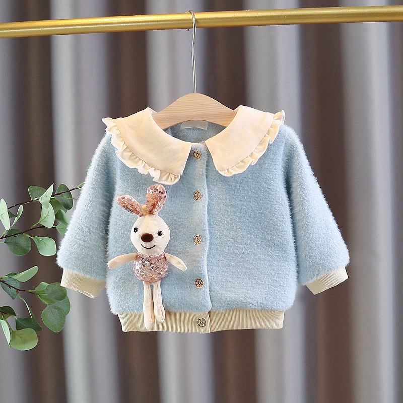 áo khoác len lông ấm áp bé gái cổ bèo viền xin tặng kèm chú thỏ bông xinh xắn size 7-17kg AK42