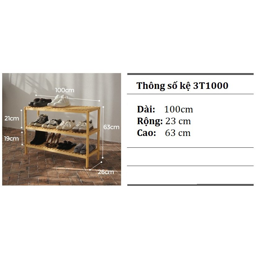 KÊ ĐỂ DÉP GỖ THÔNG 3 TẦNG 100cm