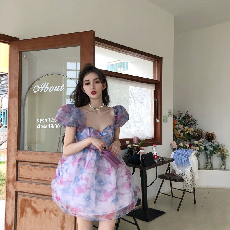 Đầm Chữ A Tay Phồng Lưng Cao Thiết Kế Mới Thời Trang Theo Phong Cách Hàn Quốc Cho Nữ