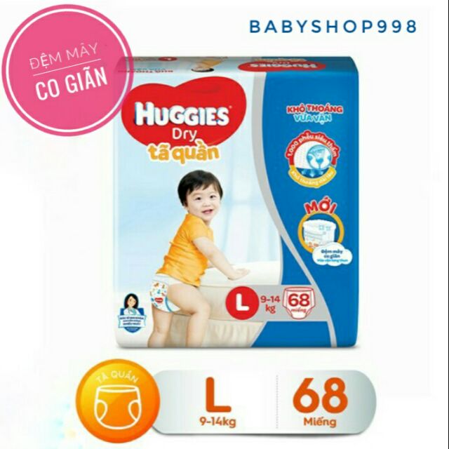 [Đệm Mây Co Giãn] Tã quần Huggies Dry L68 miếng 9_14kg hsd mới nhất