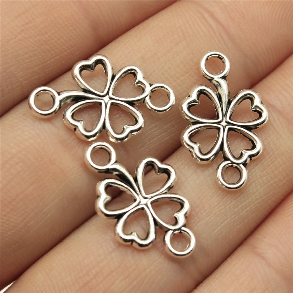 Set 20 Đầu Nối Cỏ Ba Lá May Mắn Màu Bạc 20x12mm