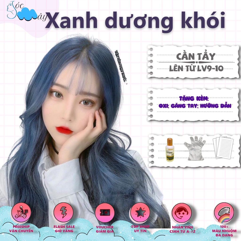 (Ảnh thật màu xanh dương khói) Thuốc nhuộm tóc chiết xuất thảo dược, hàng nhập khẩu, tặng oxy