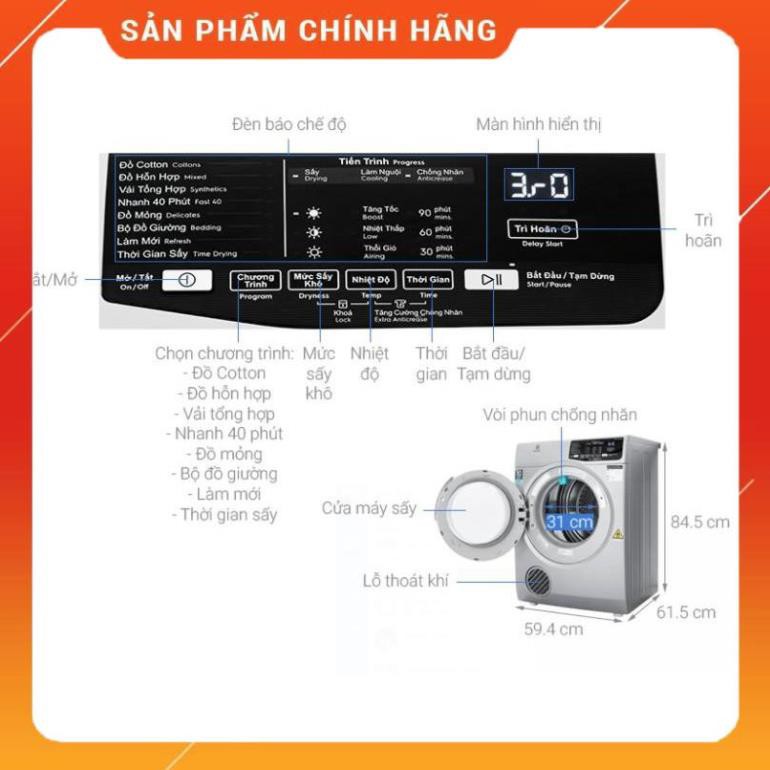 [Mã ELMS5TR giảm 5% đơn 5TR] Máy sấy quần áo Electrolux 8kg EDS805KQSA màu ghi, Hàng chính hãng - Bảo hành 12 tháng