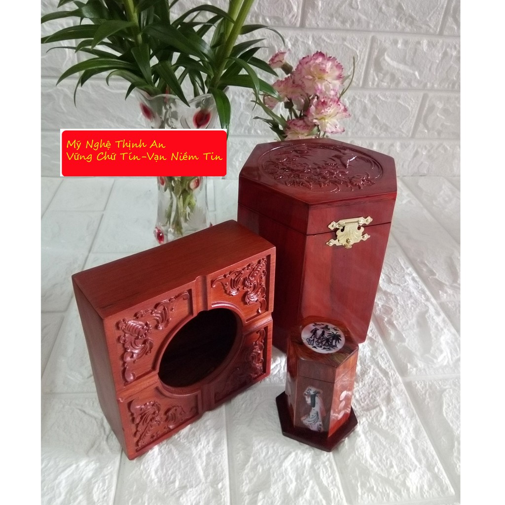 Bộ 3 món tiện ích bằng gỗ hương trạm khắc hộp Trà lớn,gạt tàn,hộp tăm - 3GTL02