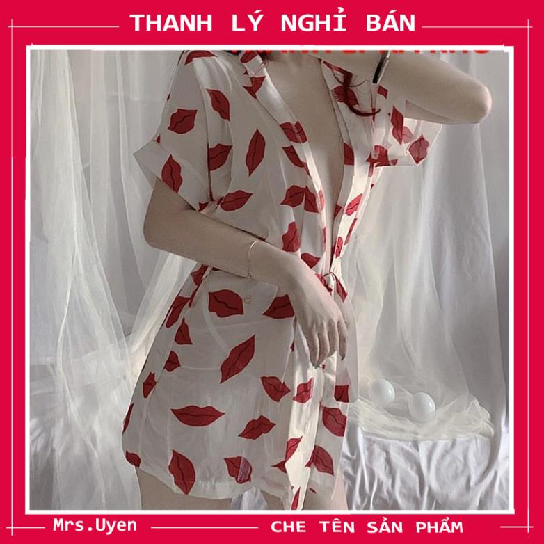 Áo Choàng Ngủ Sexy Voan Hoa Đi Biển Kiểu Kimono In Hình Môi Gợi Cảm, Áo Choàng Đi Biển Chụp Studio Cũng Xinh Lung Linh