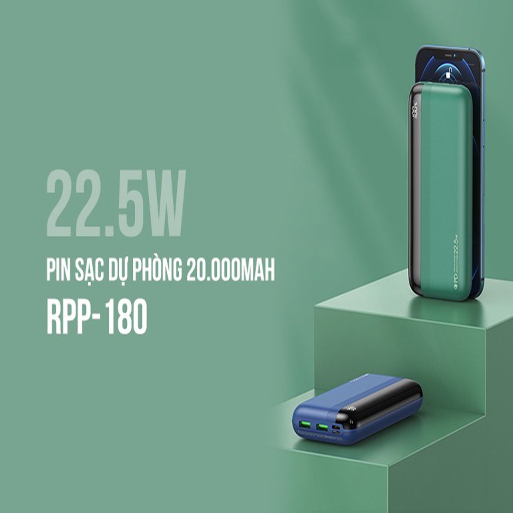 Pin Dự Phòng Sạc Nhanh QC 3.0 22.5W 20.000 mAh Remax 180 Chính Hãng - USB &amp; Type C