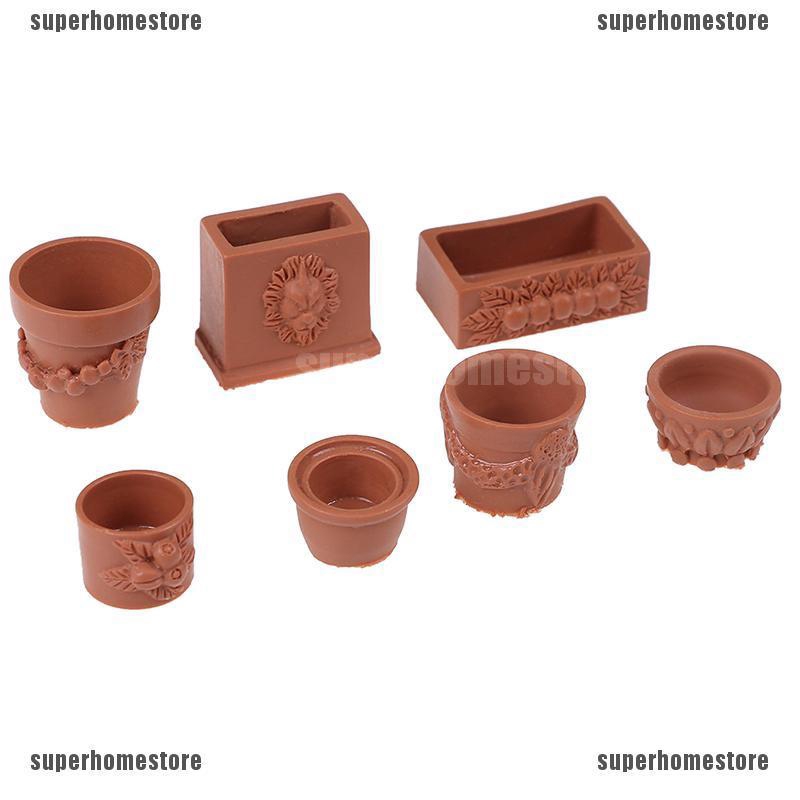 Set 7 Chậu Hoa Mini Tỉ Lệ 1: 12 Dùng Trang Trí Tiểu Cảnh / Nhà Búp Bê