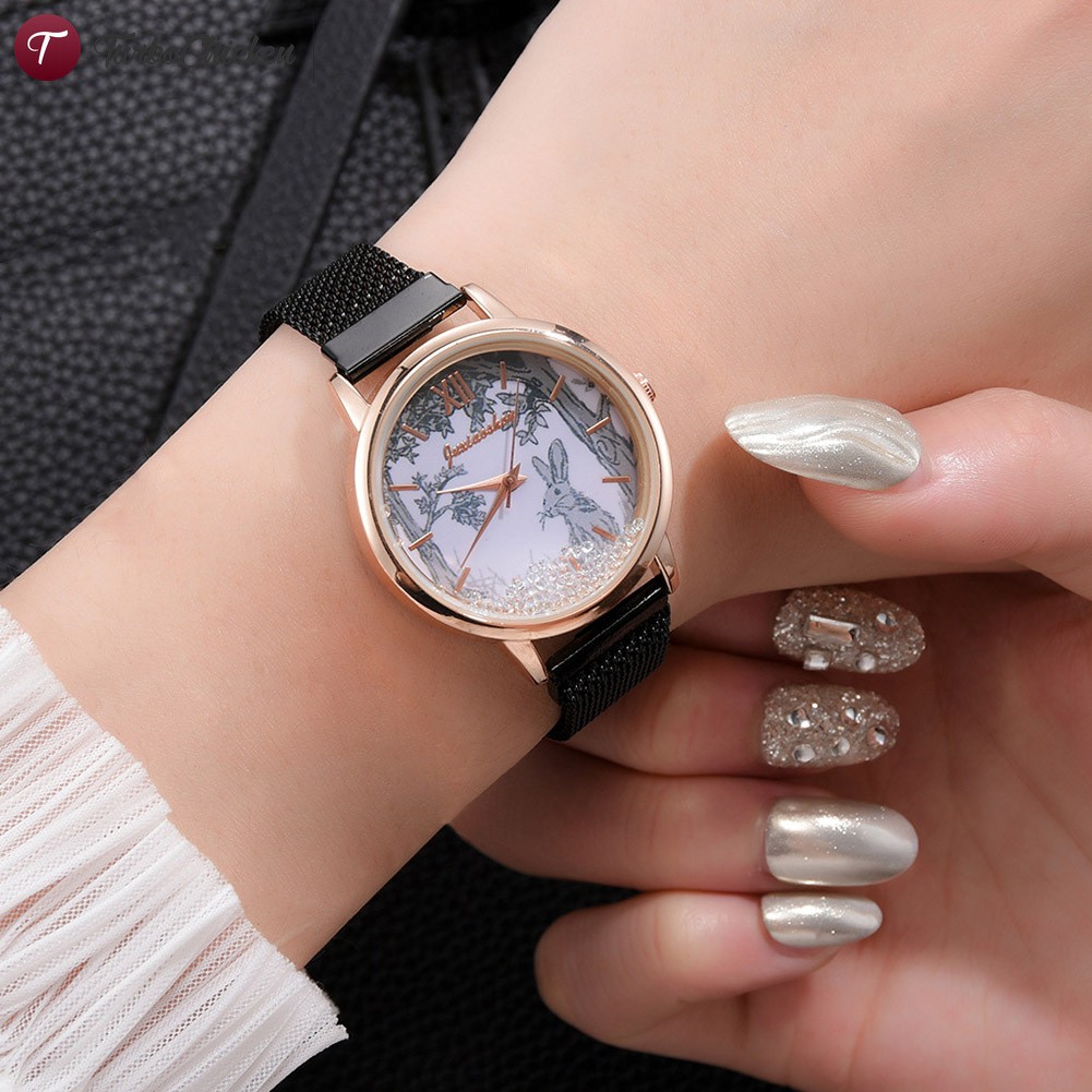 #Đồng hồ đeo tay# Fashion Quartz Watch Alloy Mesh Strap Cartoon Printed Round Dial Casual Watch for Women Girls