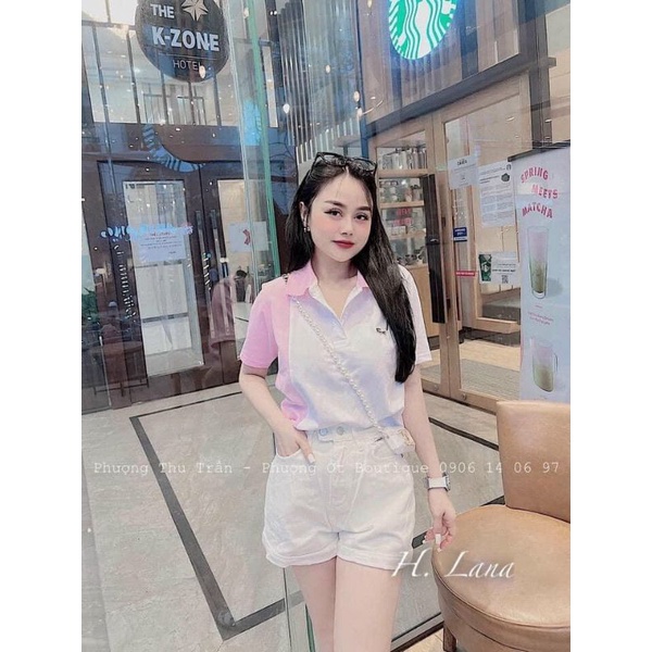 Áo polo hồng phối màu cho nữ