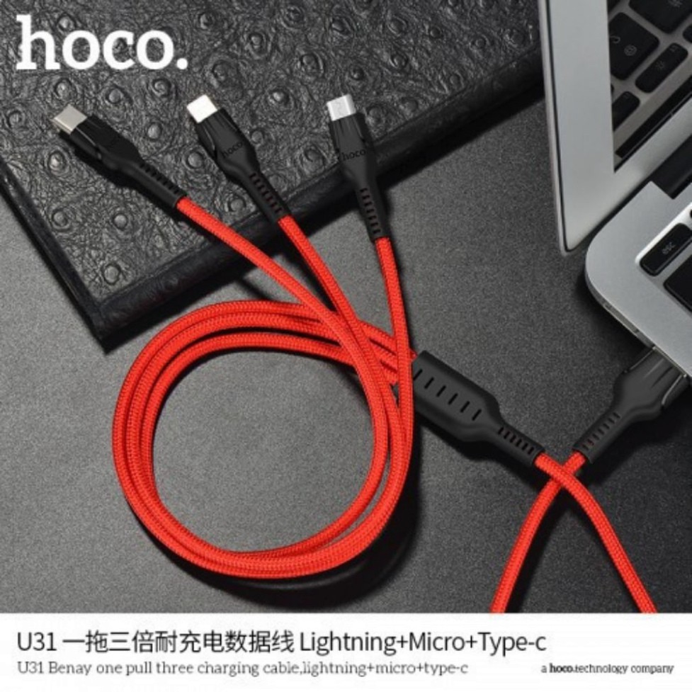 Dây sạc 3 đầu Hoco U31, Cáp sạc nhanh cho điện thoại Iphone Ipad Samsung Oppo Pin Dự Phòng TypeC/ Micro USB/ iOS/ androi