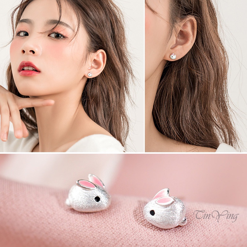 GETNOIVAS Bông Tai Mạ Bạc 925 Hình Thỏ Trắng 3D Thanh Lịch Thời Trang Cho Nữ 925