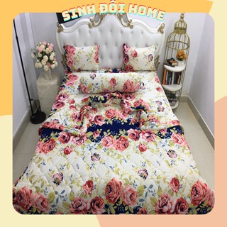 Bộ ga thun hàn quốc mát lạnh bộ 4 món 1 ga 3 vỏ gối hoa hồng - bộ ga goi thun hoa hong