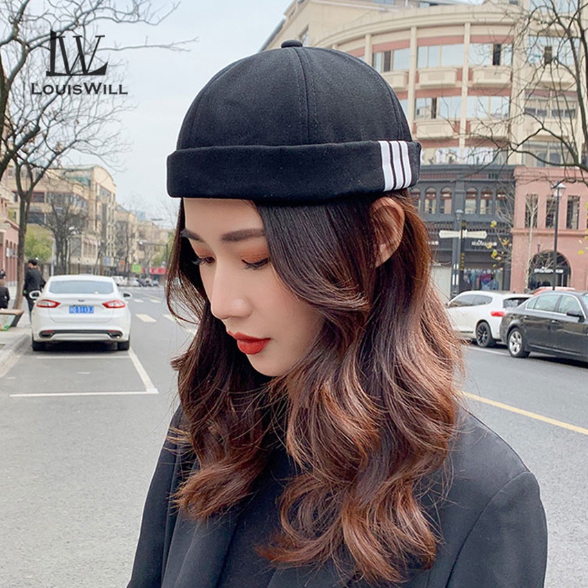 Mũ beanie LOUISWILL màu đen trơn họa tiết kẻ sọc phong cách hip hop thời trang mùa hè cho nam và nữ