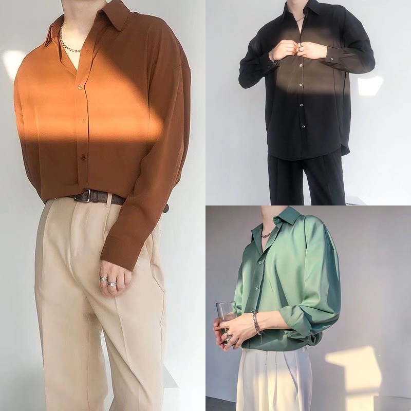 [M-3XL] Áo Sơ Mi Nam Tay Dài Dáng Rộng Vải Lụa Lạnh Mỏng Thoải Mái Phong Cách Hàn Quốc Dễ Phối Đồ