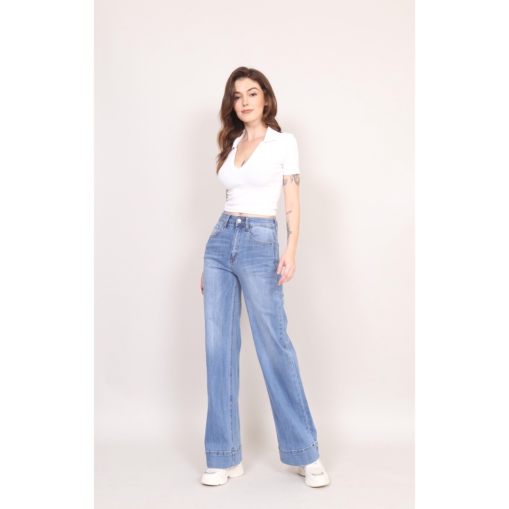 Quần Jean Nữ Ống Rộng cạp cao co giãn dáng dài trơn Gấu bản To 5cm CT JEANS