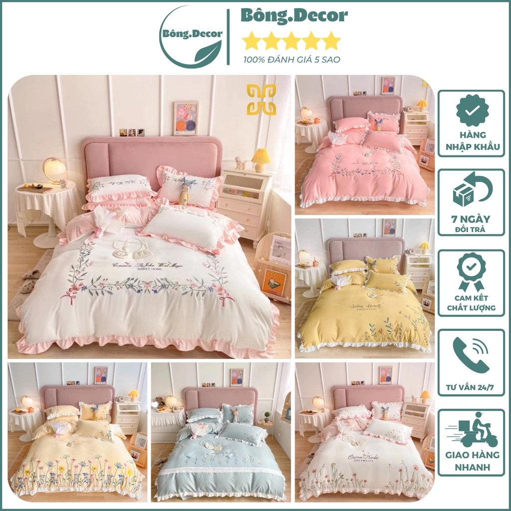 Bộ chăn ga gối cotton đũi riềm bèo công chúa dễ thương, trọn bộ 4 món chăn ga đũi nhập khẩu cao cấp miễn phí bo chun
