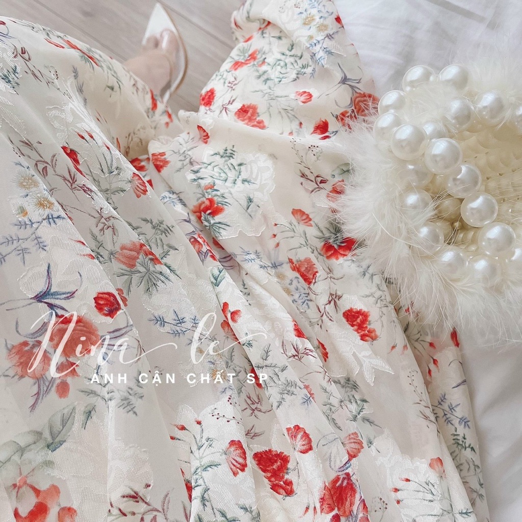 Váy đầm nữ tay ngắn cổ tròn xếp ly ngực chất voan hoa  kiểu dáng trẻ trung quý phái