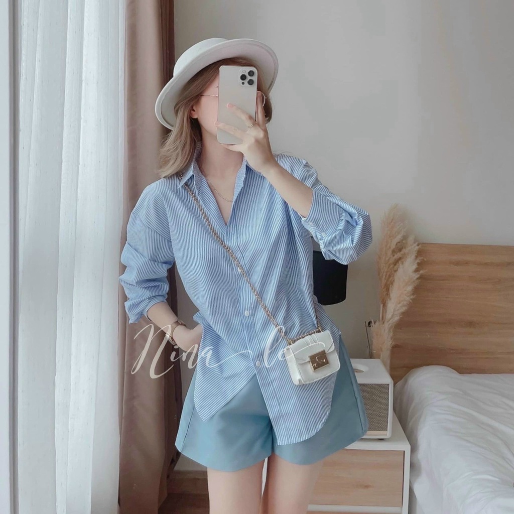 Set Đồ Nữ Thiết Kế Áo Kiểu Sơ Mi Kẻ Sọc Kết Hợp Với Quần Ngố Đi Chơi , Du Lịch , Thời Trang Trẻ DX
