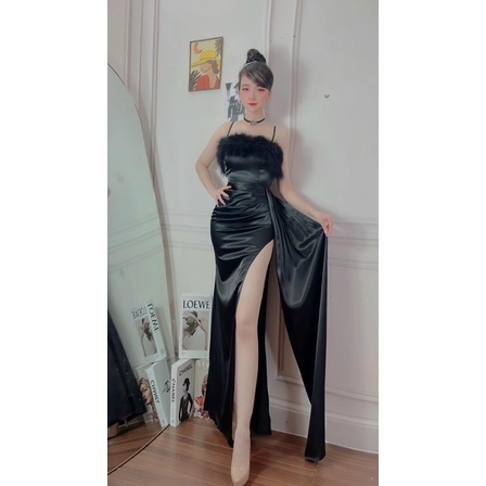 Đầm dự tiệc TRIPBLE T DRESS dáng maxi dài xẻ đùi phối lông - size S/M/L - MS400V