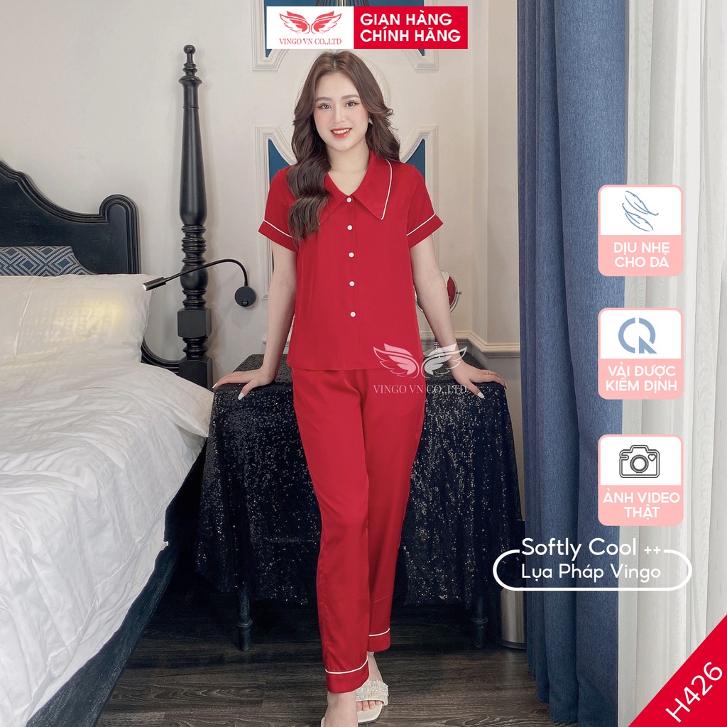 Đồ bộ nữ Pijama mặc nhà Lụa cao cấp mùa hè VINGO tay ngắn quần dài trơn phối viền trắng cổ thủy thủ H436 VNGO