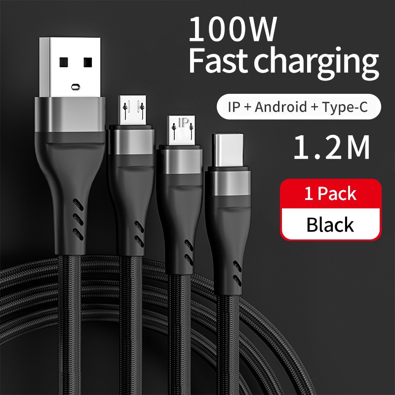 Dây Cáp Sạc Truyền Dữ Liệu Micro USB Type C 100W 3 Trong 1 Cho Điện Thoại iPhone 13 Pro Xiaomi Huawei 6A