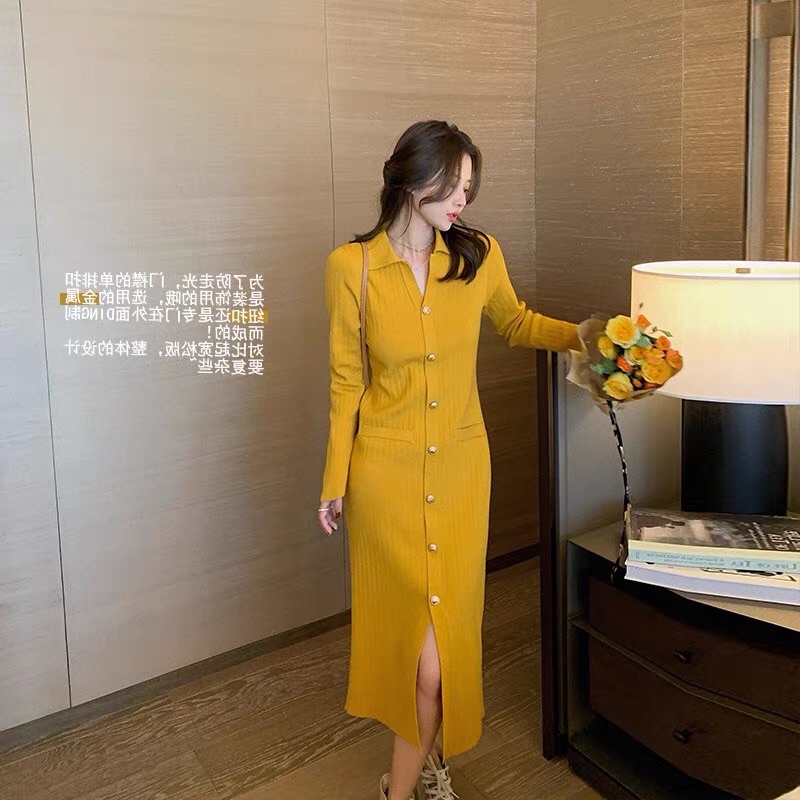 Váy polo len cài khuy dài tay dáng dài 🌱Đầm suông