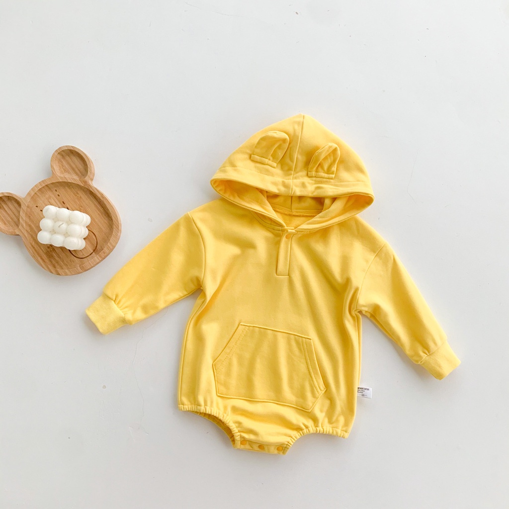 Áo liền quần tay dài thiết kế mũ trùm đầu kiểu tai gấu đáng yêu dành cho bé sơ sinh