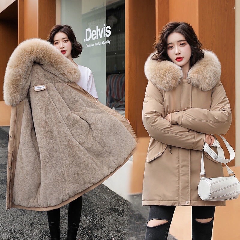 Áo Khoác Nữ, Áo Parka Kaki Trần Lông Túi Chéo Có Dây Rút EoForm Thoải Mái
