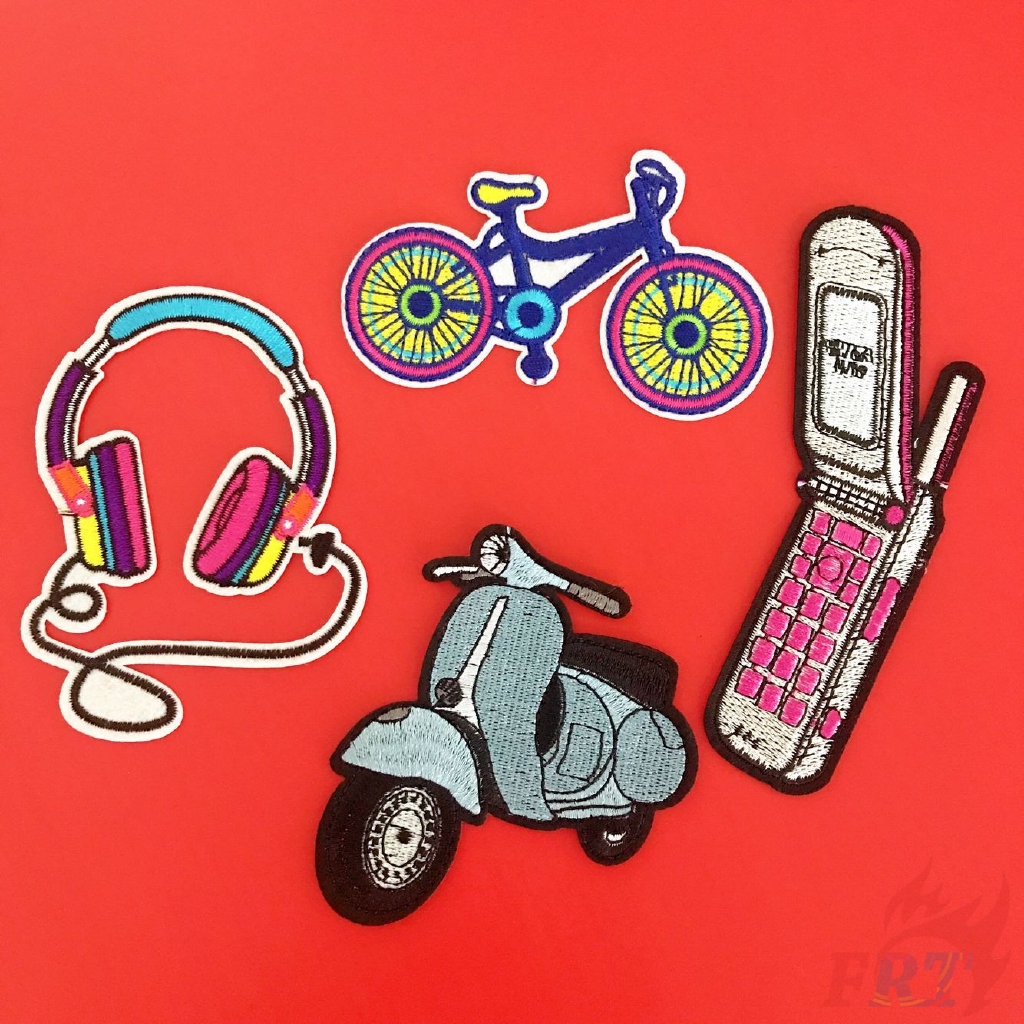 Hình dán vải ủi khâu hình xe đạp/ xe máy/ tai nghe/ điện thoại đa dạng