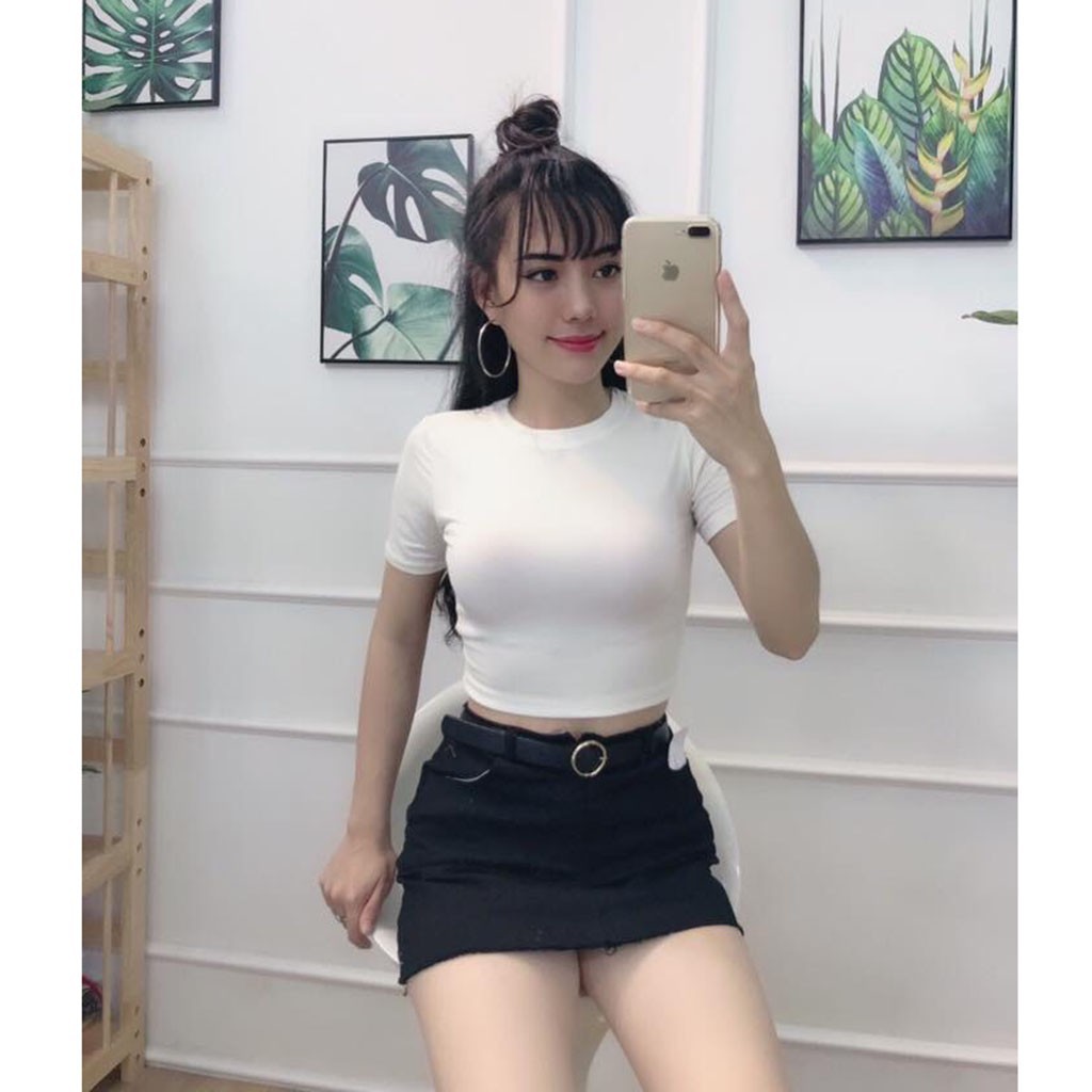 Áo croptop thun trơn basic cổ tròn tay ngắn kiểu dáng gợi cảm màu trắng n7clothing