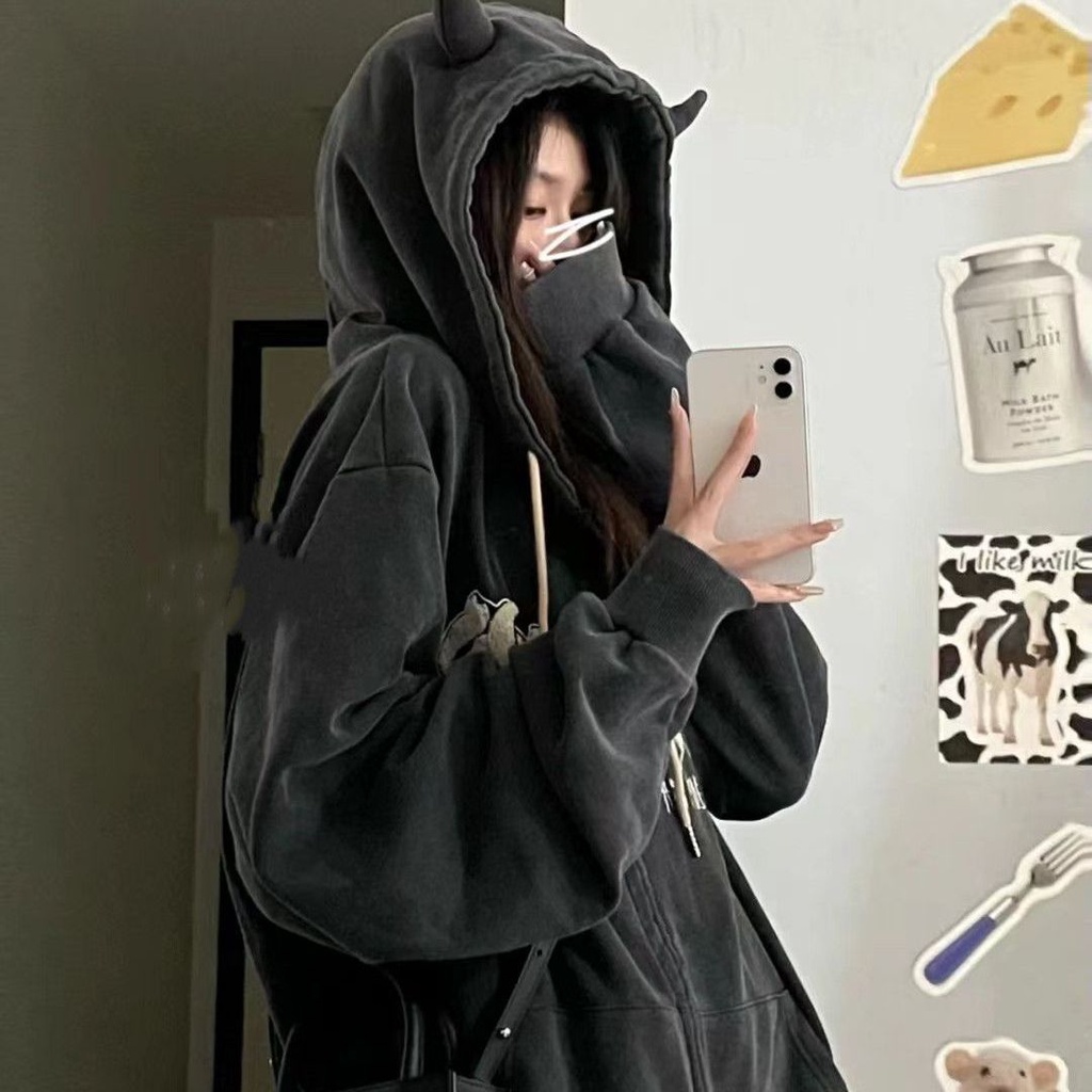Áo khoác tay dài có mũ trùm đầu tùy chọn màu sắc phong cách retro dành cho nữ