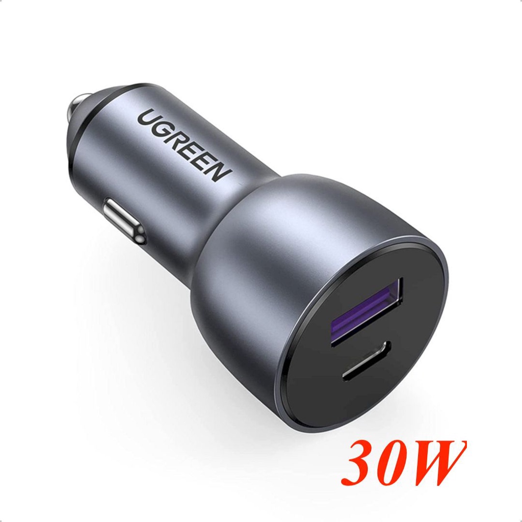 Tẩu Sạc Nhanh điện thoại máy tính bảng Cổng USB-A + USB-C trên xe hơi Ugreen 40858 PD30W + SCP22.5W Màu Xám CD130