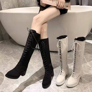Boot đùi da lộn đan dây