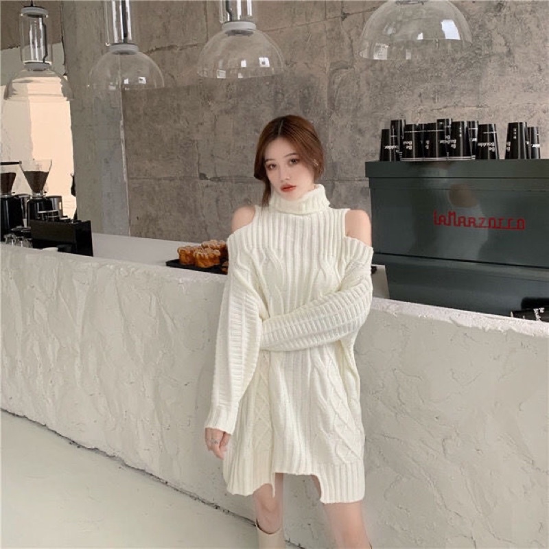 Áo len nữ hở vai mặc được 2 mặt cực xinh phong cách ulzzang Hàn Quốc