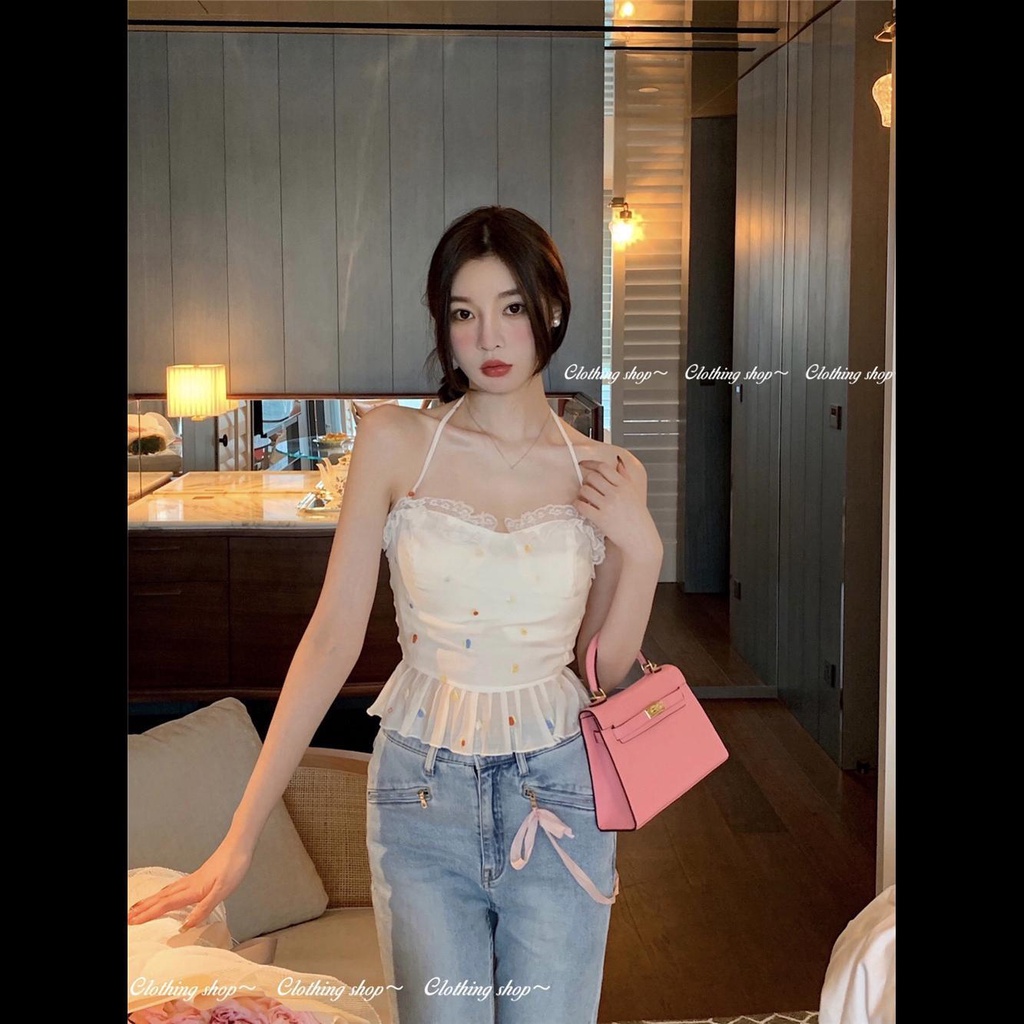 Jiashucheng Hàng Có Sẵn Áo Hai Dây Quấn Ngực Họa Tiết Tranh Sơn Dầu Thời Trang Mùa Hè Phong Cách Pháp Cho Nữ
