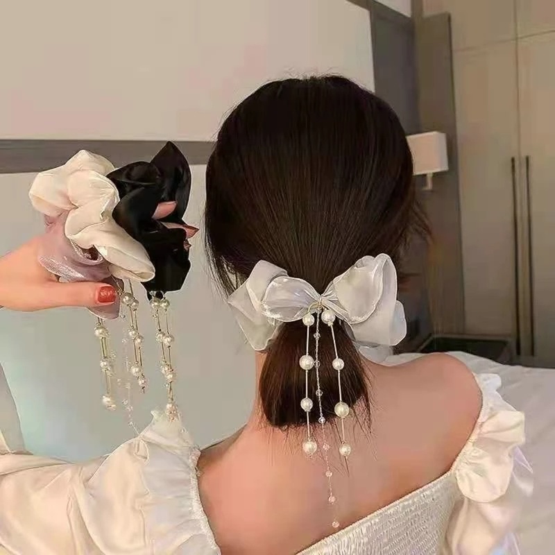Dây Buộc Tóc Co Giãn Bằng Vải Voan Đính Hạt Ngọc Trai Thời Trang Dành Cho Nữ