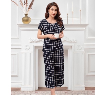 Bộ đồ mặc nhà trung niên lanh nhung Vicci áo cộc,quần ống sớ BGS.06 nhiều họa tiết