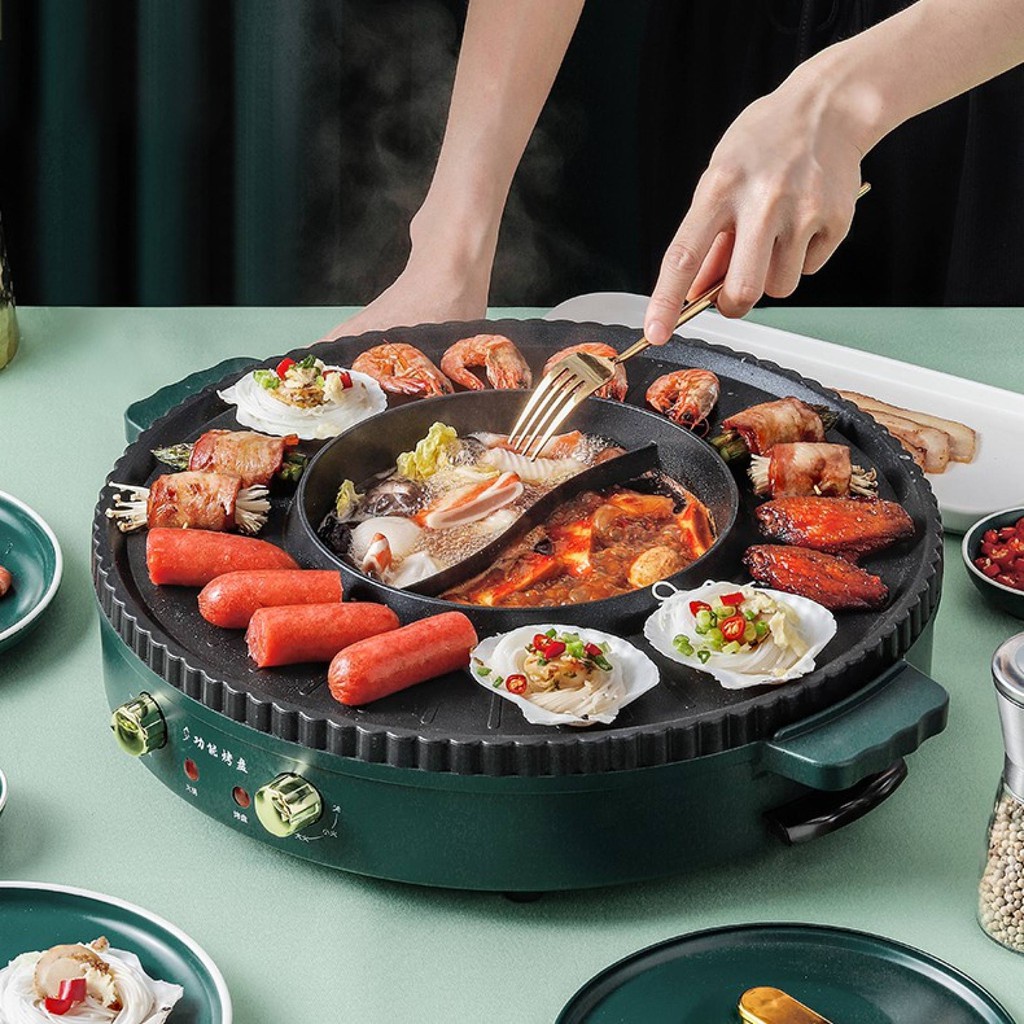 Bếp lẩu nướng 2 in 1 đa năng, tròn loại to tiện lợi cho cả gia đình,có 2 mâm nhiệt riêng biệt,